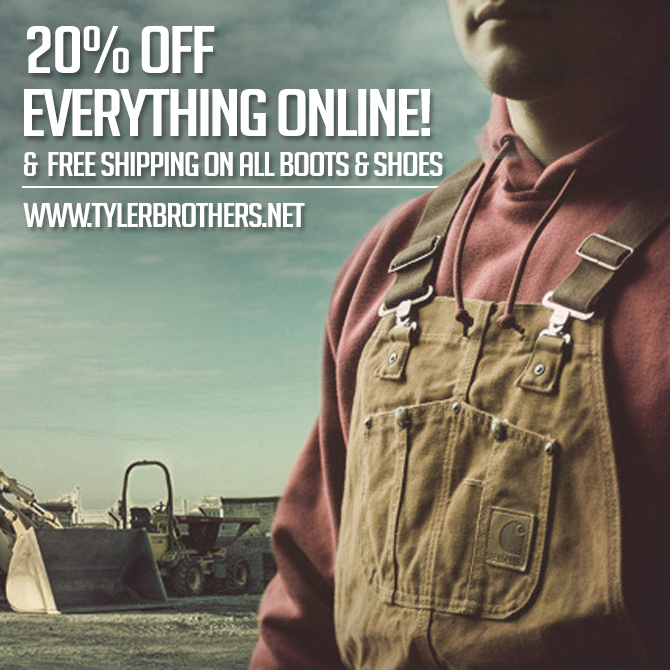 TylerBrothers's tweet photo. Ready...... Set...... Go!  #TBBigSale Online starts now!  20% off everything.  Free shipping on boots &amp; shoes. http://t.co/yZhE4jcOmC