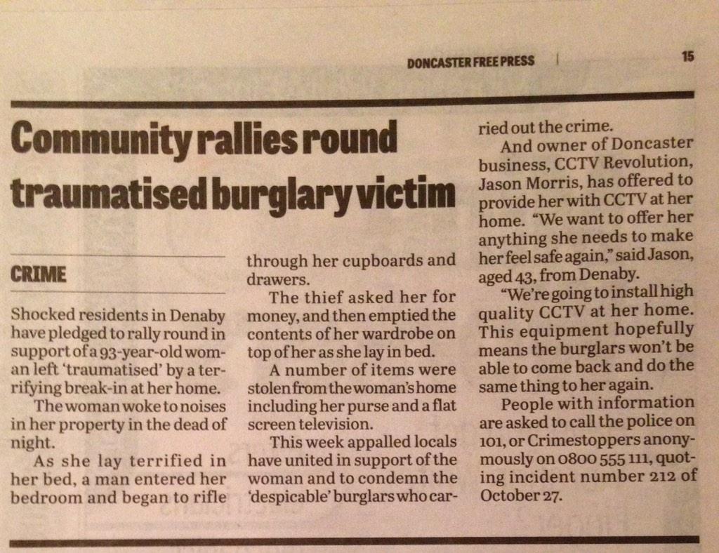 CCTVRevolution's tweet photo. Local paper write-up about our donation  to the 93yr lady who was burgled #keepitlocal http://t.co/BhH0abggQ3