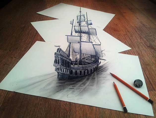色鉛筆 ﾄﾘｯｸｱｰﾄ の傑作 鉛筆と紙だけ まるで紙の上を走る海賊船のようだ 凄いと思ったらrt Http T Co I6snihiqny Twitter