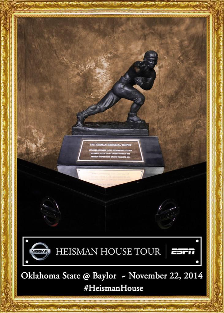 BaylorAthletics's tweet photo. Strike a pose with the @HeismanTrophy and meet BU greats at the #HeismanHouse Saturday! Opens 12pm in #TouchdownAlley http://t.co/biIHs5T8GI