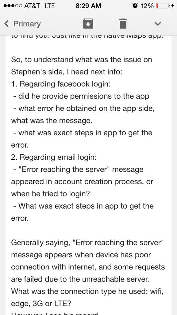 BridgeMeApp's tweet photo. @srdill our Dev team investigated and found no bugs in login process. See photo, lets try and figure this out... http://t.co/NFzykJaM0Z