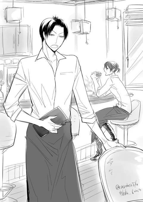 喫茶店でバイトの荒北さん。と、休憩中の新開さん。#hkn_60min 