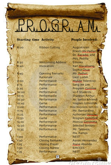 _FestMundial's tweet photo. Juniors please retweet! :) Here will be the flow of our program for tomorrow. Goodluck batchmates. #OurTime15StillNow http://t.co/uHAitKqBR0