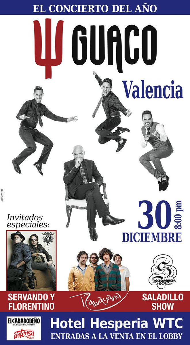 OficialGuaco's tweet photo. ► El mejor concierto de fin de año en #Valencia → GUACO junto a Servando y Florentino, Rawayana y Saladillo Show Ψ http://t.co/G76r4zEsEV