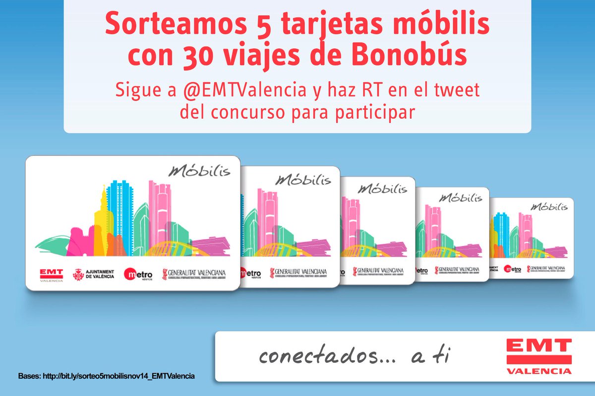 emtvalencia's tweet photo. #concurso ¿A qué esperas? Haz RT, sigue a @EMTValencia y gana una de las 5 tarjetas Móbilis con 30 viajes Bonobús. http://t.co/V5ekGf7K31