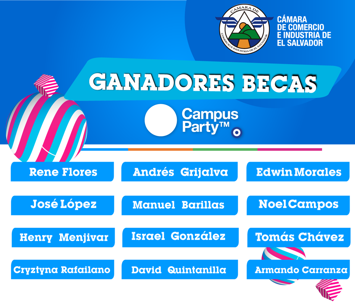 camarasal's tweet photo. Ellos son los ganadores de las 12 becas completas para el @campuspartySLV ¡Felicidades! #CPCCIES #CPSLV1 http://t.co/VVvZaOzOjZ