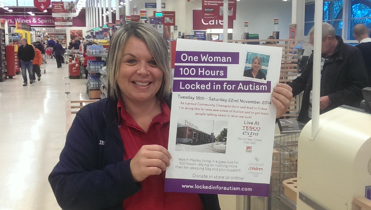 caudwellkids's tweet photo. It's the last morning of @lockedinautism with @HBicker come along to @TescoCrewe 4pm for the end of her journey http://t.co/SA1ym9QLCN