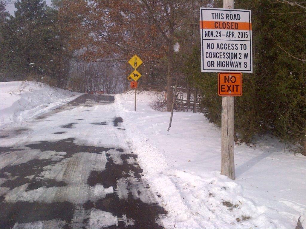 cityofhamilton's tweet photo. The annual winter closure of Binkley Rd north of Governors Rd in Flamborough is now in effect until April 2015. http://t.co/nYDnFDHcya