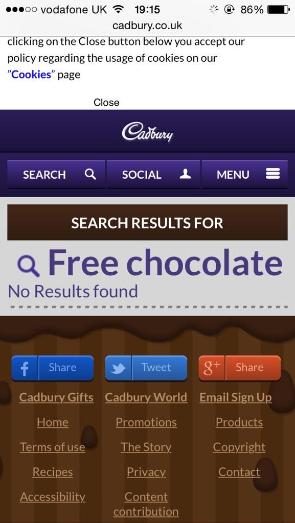 Marcus Pepperell (@mpepps) on Twitter photo Heartbreaking search results on Cadbury website Heartbreaking search results on Cadbury website