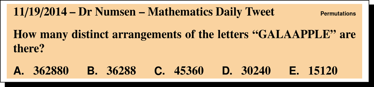 DrNumsenMath's tweet photo. Arrangement of letters question today!  Answer: http://t.co/o51DH85nwK http://t.co/J3APeHYMUc