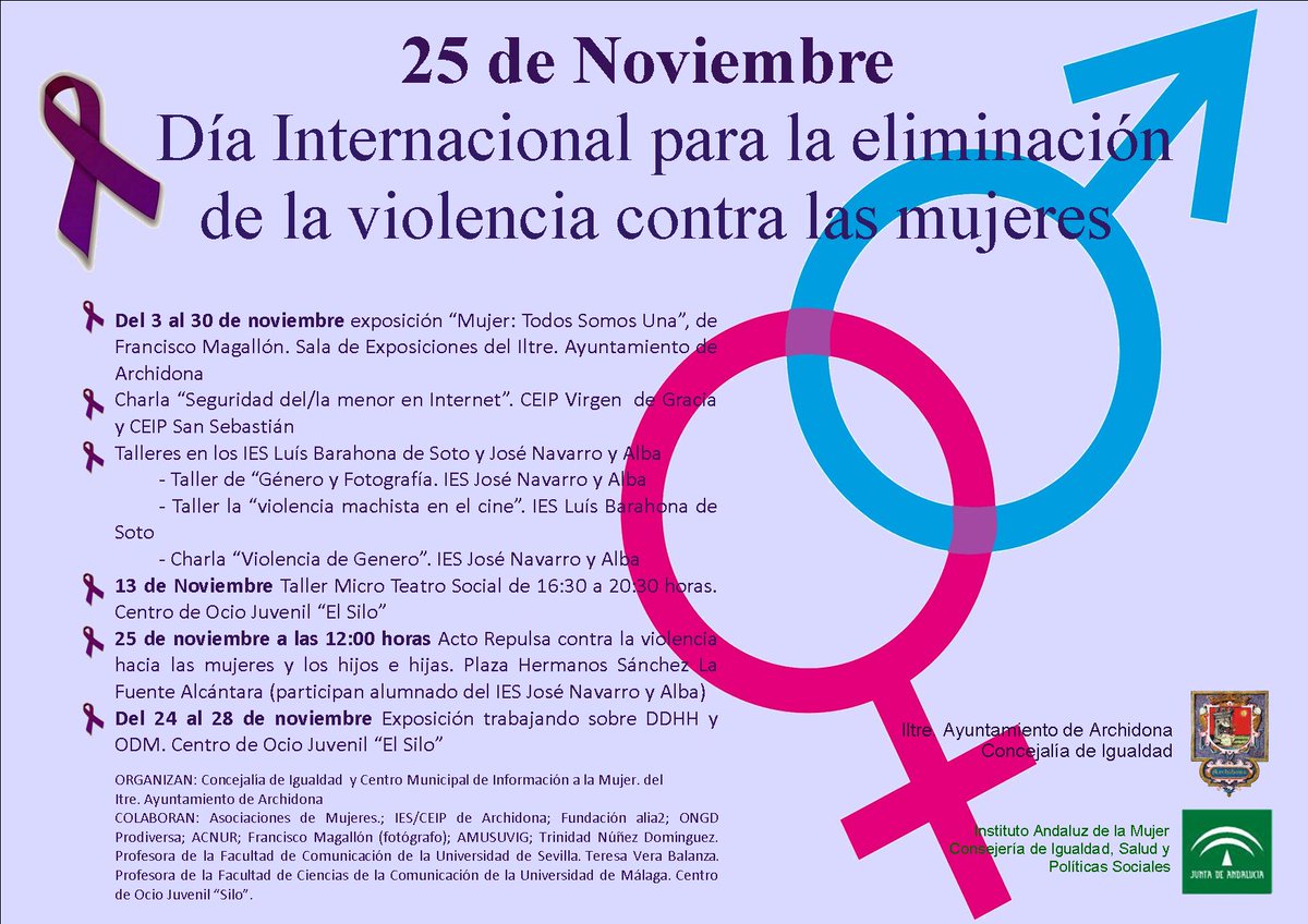 AyuntArchidona's tweet photo. Actividades para el mes de noviembre por el Día Internacional para la Eliminación de la Violencia contra las Mujeres. http://t.co/rgwY4ieT2I