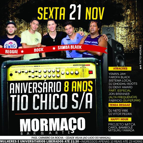 SextasMormaco's tweet photo. Próxima sexta a festa será mais que especial. Aniversário de 8 anos da banda Tio Chico S/A com grandes atrações. http://t.co/P2PSrhvUVL