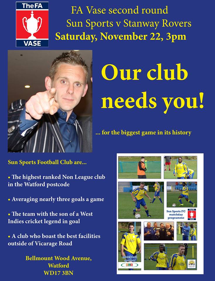 SunPostalSports's tweet image. What are you doing on Sat? Come and support @SunSportsFC in our biggest game yet against @StanwayRovers #FAVase - 3pm