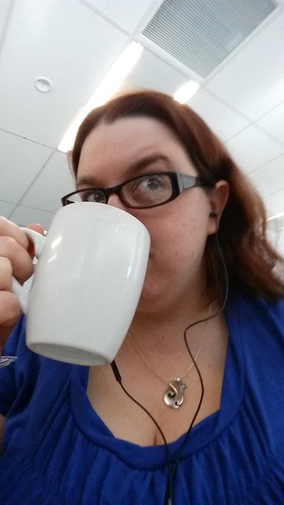 pinkolliphant's tweet photo. @MistyamberA how I relax at work #workselfiewednesday listening to podcasts and drinking mint hot chocolate http://t.co/DCu2iYmgBj