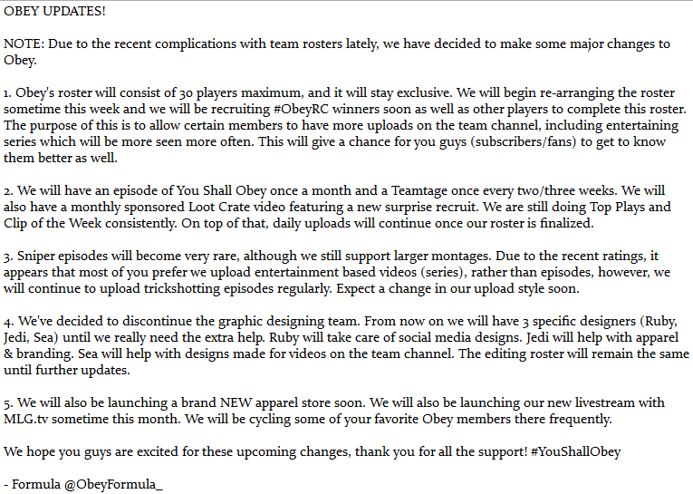 ObeyAlliance's tweet photo. Due to recent changes in team rosters, we've decided to make changes to Obey as well http://t.co/LEO3QSAL7x