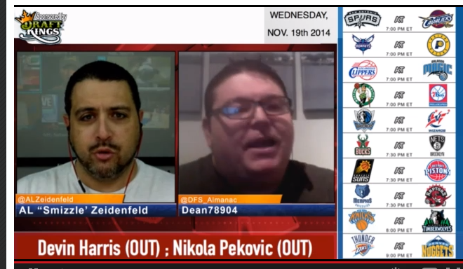 RotoGrinders's tweet photo. The @DFS_Almanac & @AlZeidenfeld are getting their GrindersLive on this Wed night #DFSTalk http://t.co/QjMIY8Hs9b http://t.co/mDsUc0itID
