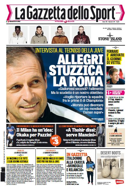 Portada de La Gazzetta dello Sport del 20 de Noviembre