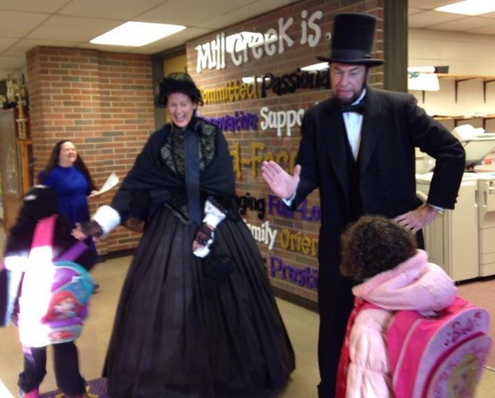 MCES_Lions's tweet photo. Honest Abe and Mary Todd greeted the students this morning!!! #happyleadershipday http://t.co/WlK3DmHyf9