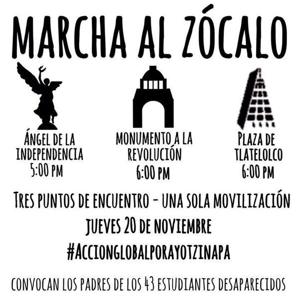 red43mx's tweet photo. ¿De dónde y a qué hora saldrán los contingentes de la marcha en #CDMX? #20NovMX #Red43MX #AccionGlobalporAyotzinapa http://t.co/ZDU2LHDMrC