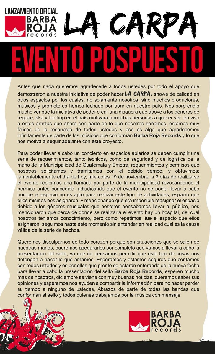 _BRrecords's tweet photo. EVENTO POSPUESTO: lean comunicado. @tktband @Skalda2 @LaBacteriaCrew @Tsunami_Terrors  @TrinkySka @ParadiseReggaeB http://t.co/8TVN6DXETm