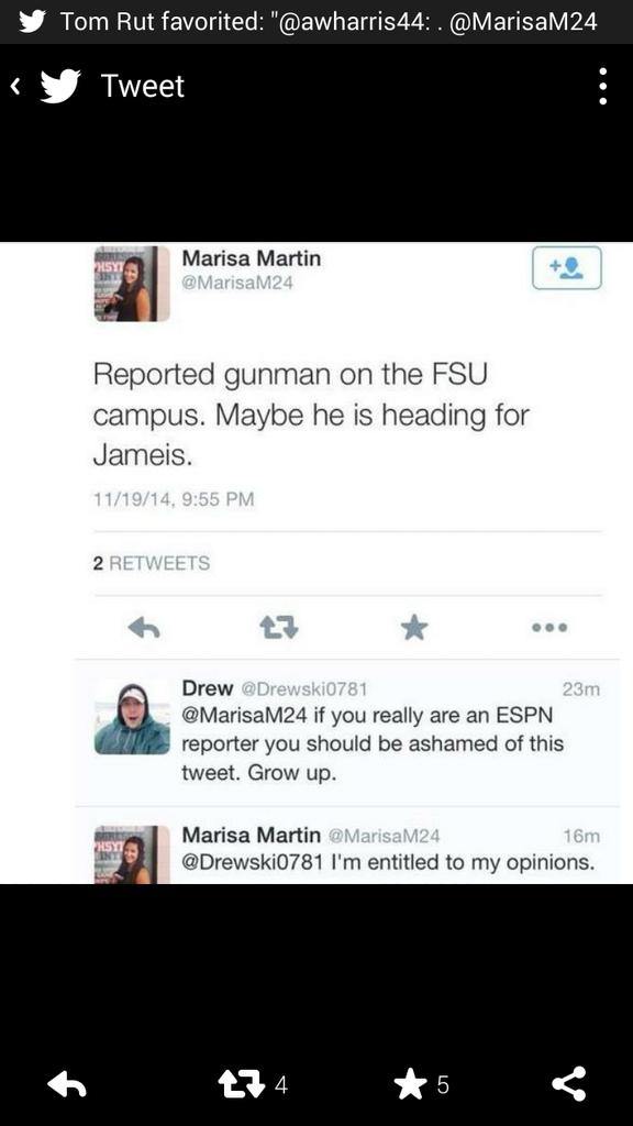 Tebow815's tweet photo. @MarisaM24 deleted her disgusting tweet &amp; her account but I certainly hope @ESPNU fires her for this ! #PrayForFSU 🙏 http://t.co/gOcZZxXEJI