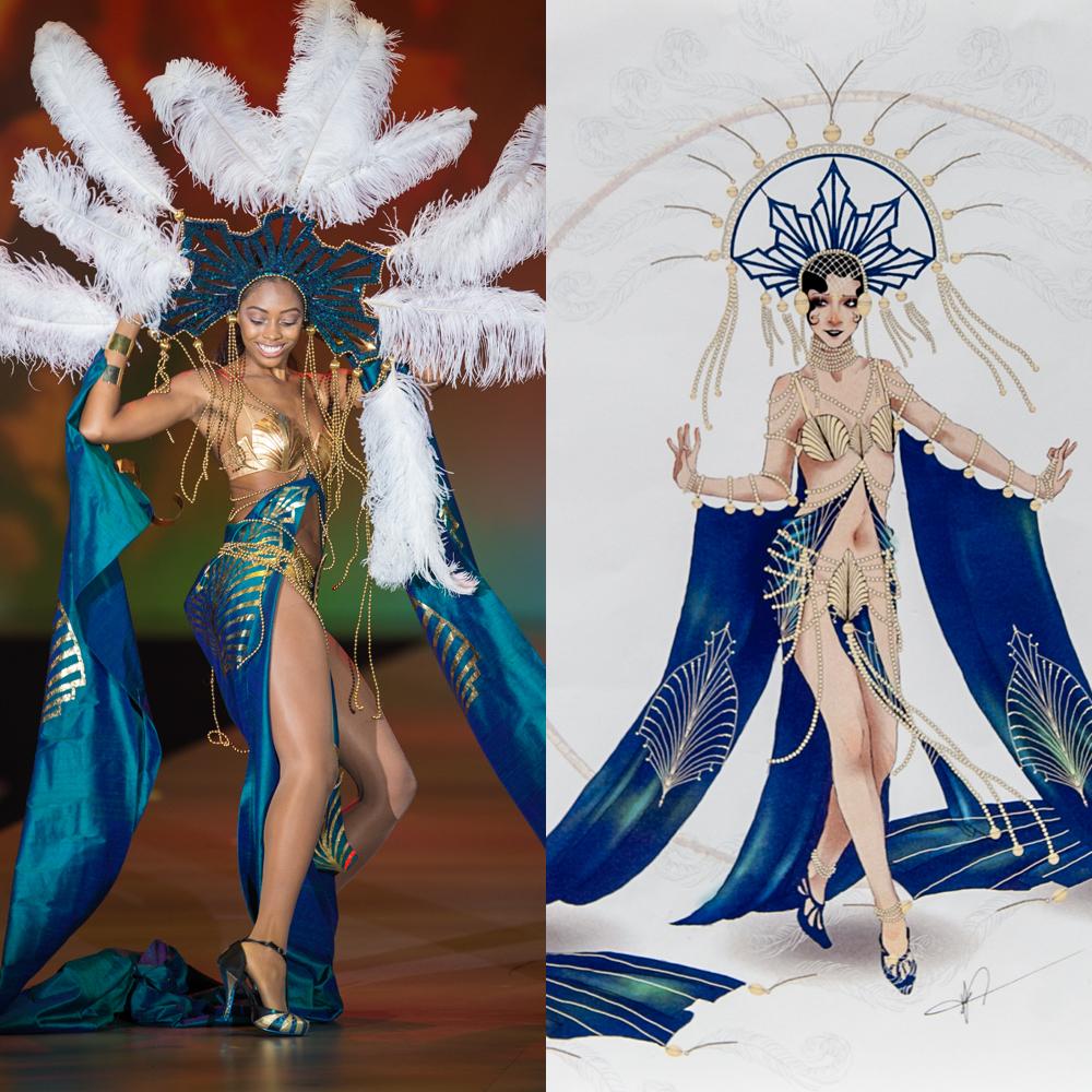 FIDM's tweet image. Featured #FIDMStudent Work: Theatre Costume Design Grad Paige Carpenter's sketch&amp;amp; final design on stage at #FIDMDEBUT