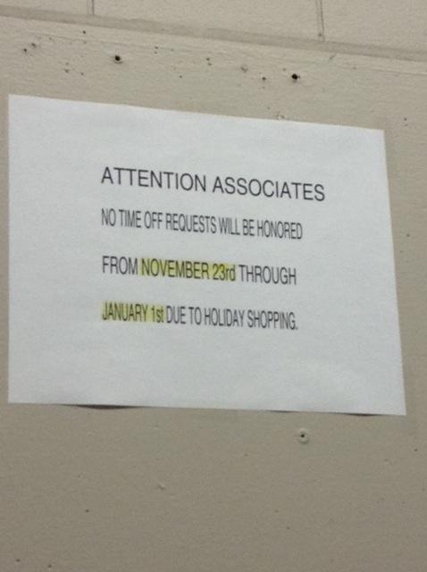 thinkprogress's tweet photo. UPDATE: Signs at Kmart say employees can’t take days off during the holidays http://t.co/0gPJz7z3Um http://t.co/4ArlgsMqNp