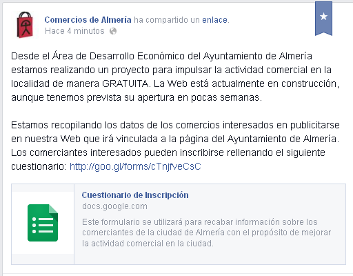 ¿Quiéres dar a conocer tu negocio gratuitamente gracias al proyecto <a href="/comercioalmeria/">Comercio de Almería</a> impulsado por <a href="/aytoalm/">Ayuntamiento de Almería</a>? Síguenos