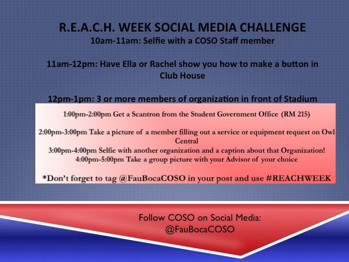 FAUbocaCOSO's tweet photo. Our social media challenge starts at 10am! Submit your pics via Twitter or Instagram every hour! #fau #reachweek http://t.co/UEfBBey0sy