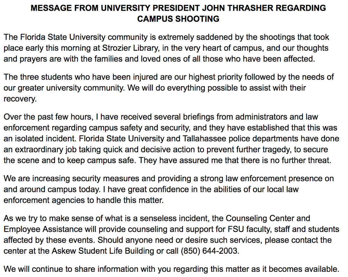 FloridaState's tweet photo. Message from #FSU Pres. John Thrasher: http://t.co/EvN5Cwpsrv