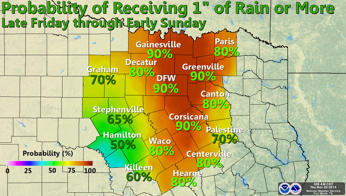 NWSFortWorth's tweet photo. Probabilities of receiving 1"+ of rainfall through early Sunday. #txwx http://t.co/ETg9iIfGBa