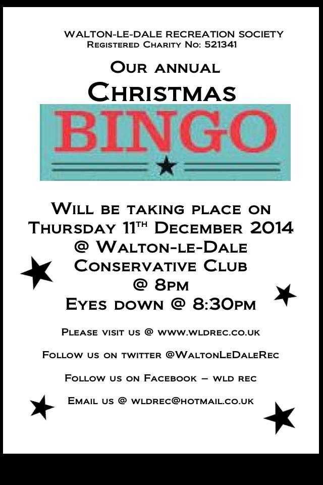 Our annual Christmas bingo will be taking place Thursday 11th December.....