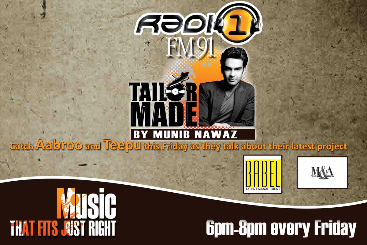 <a href="/aabroo/">Aabroo</a> &amp; @teepu_qureshi would be over on #TailorMade with <a href="/MunibNawaz/">Munib Nawaz</a> this Friday 6-8pm on @FM91_RADIO1 <a href="/BabelTalent/">Babel Talent</a>