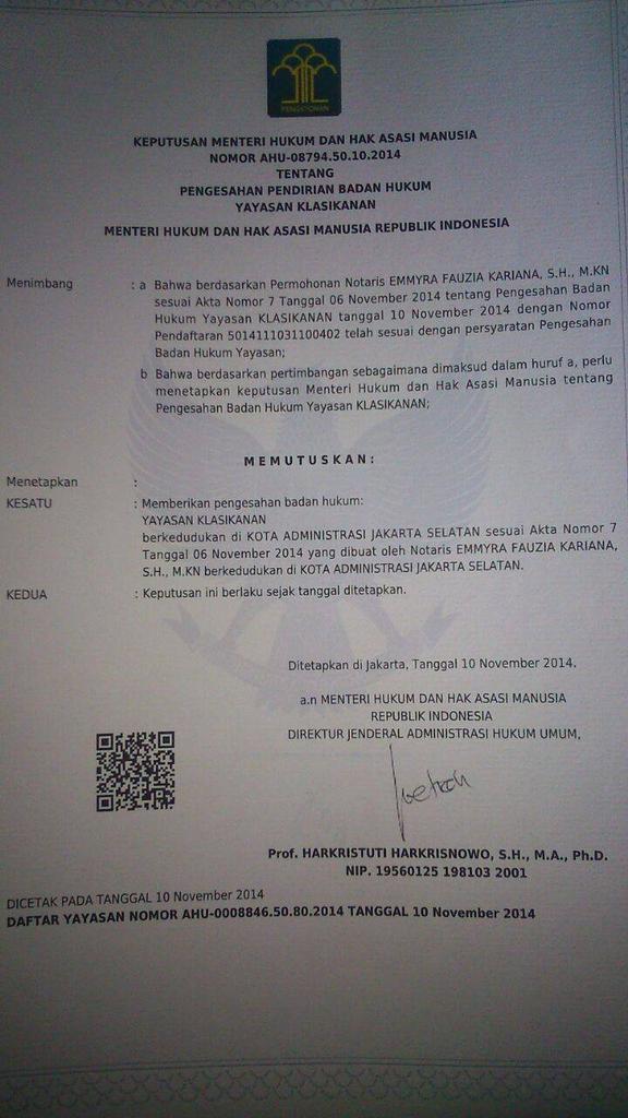 Dan dengan ini, kami resmi sebagai suatu yayasan. Bantu kami menyebarluaskan musik klasik ya #KLASIKAwan :)