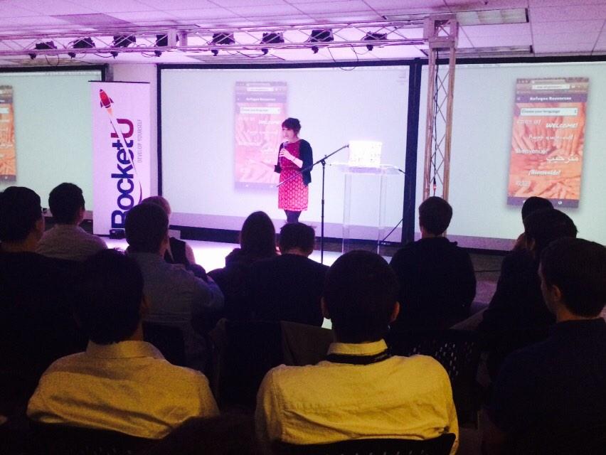 RocketUBootcamp's tweet photo. @Mollydcarr presents "Refugee Resources" a web app that helps refugees in the US http://t.co/ie5LTp7CEv