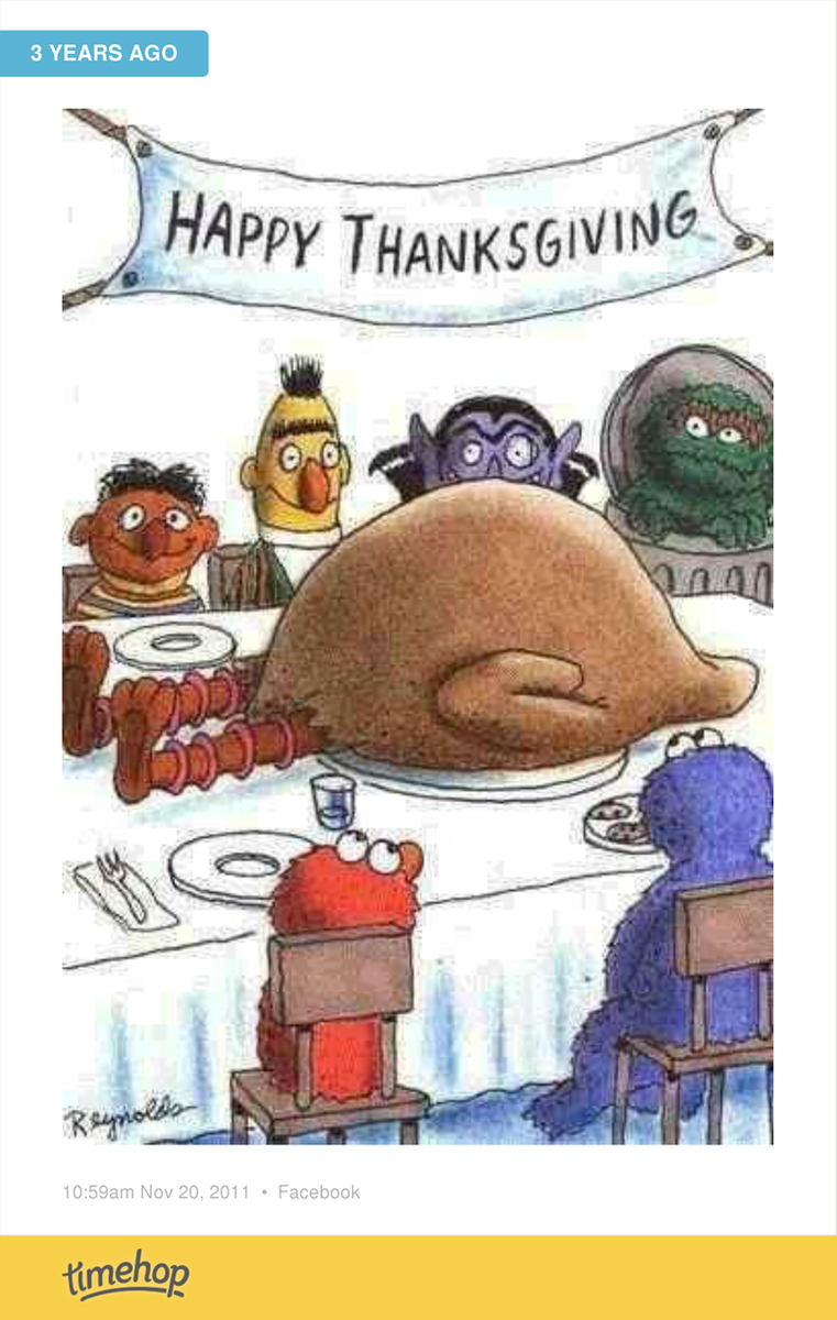 MathewLiberty's tweet photo. Happy Thanksgiving from everyone at Sesame Street!!  (Well,  almost everyone...)  http://t.co/hlPUwUS7SV http://t.co/zWw8KOzagu