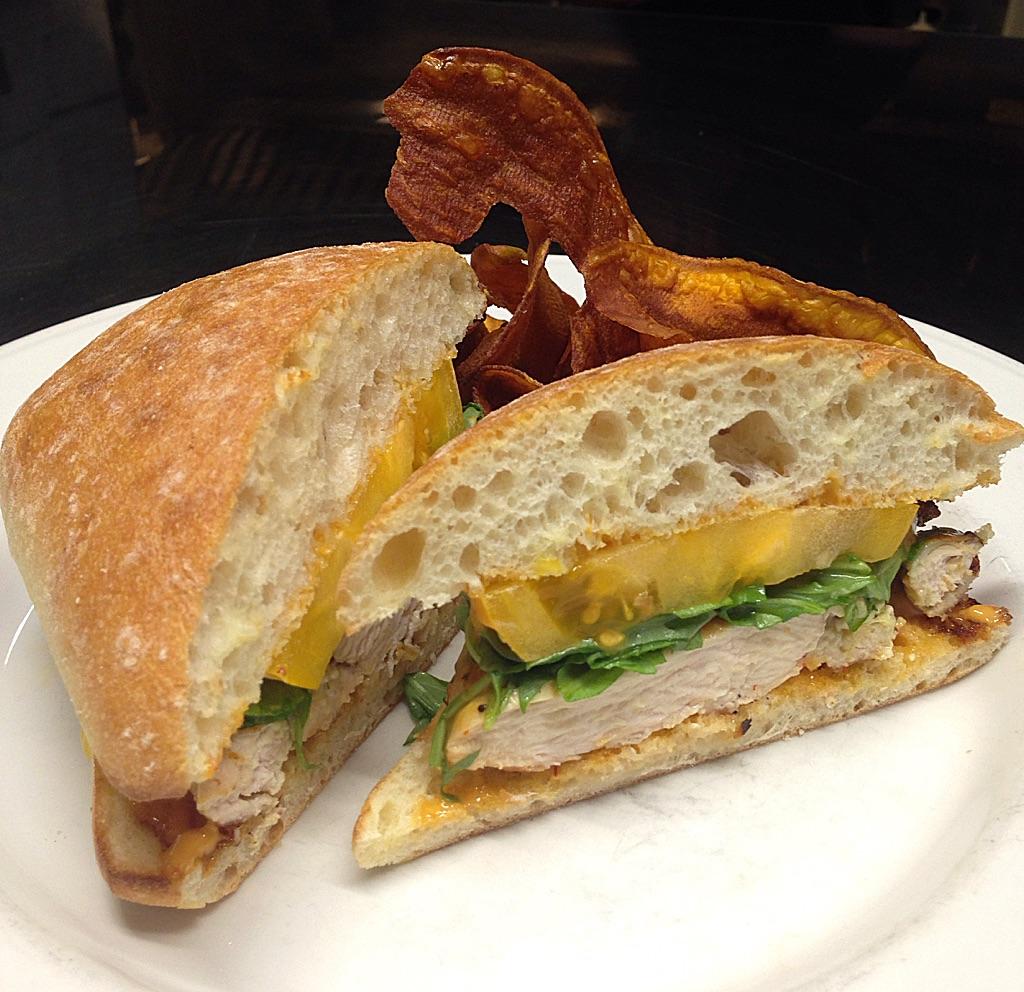 LexxRestaurant's tweet photo. #LunchSpecial Mango-glazed chicken on ciabatta w/ yellow tomato, chipotle mayo, arugula, &amp; sweet potato chips http://t.co/tACVNEBAnB