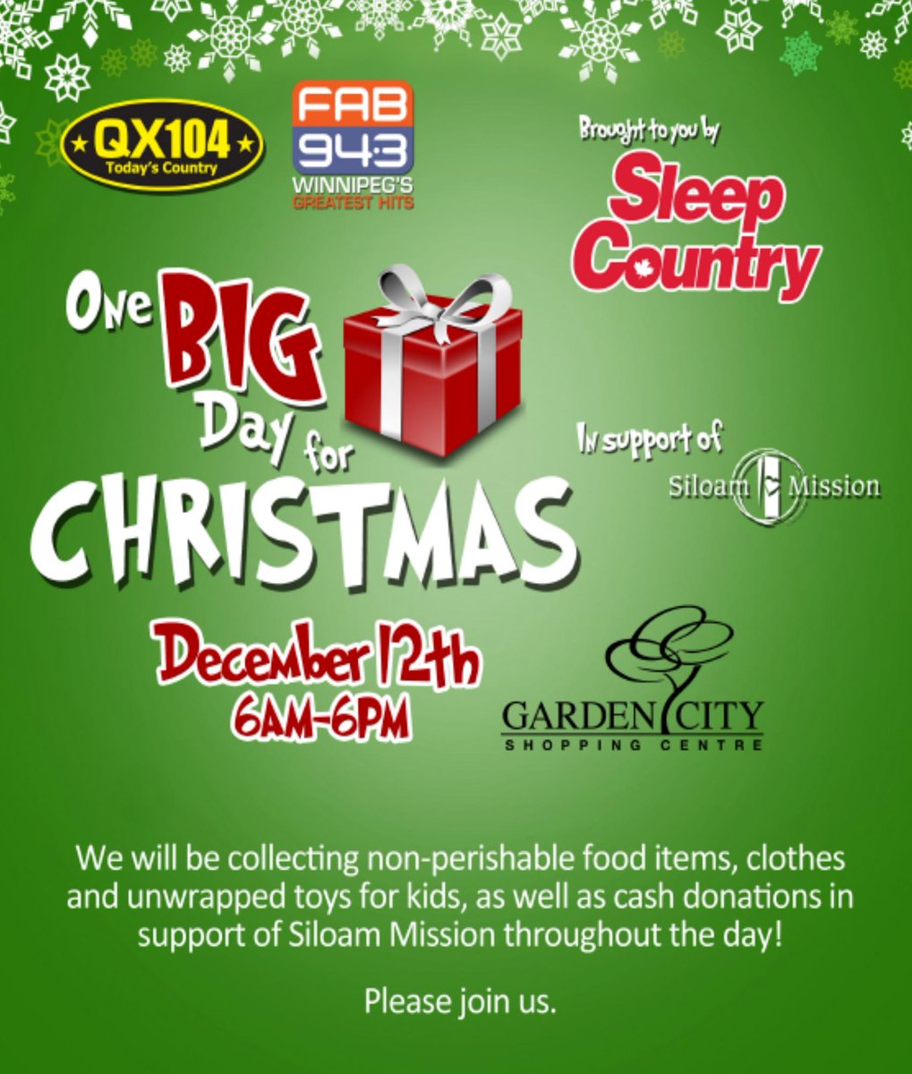 Please join us for our 'One Big Day for Christmas' Event! @QX104winnipeg @FAB943FM #hope #siloam #chrIstmas