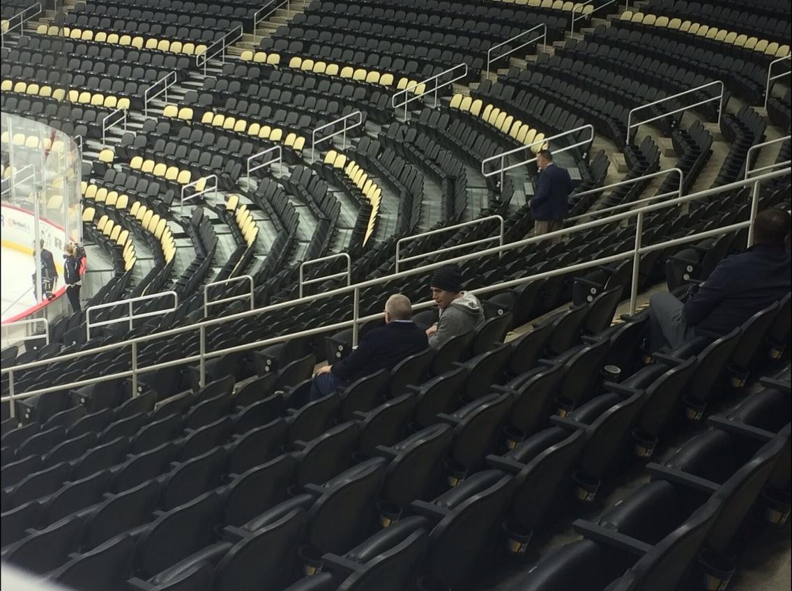 SethRorabaugh's tweet photo. Pascal Dupuis watching practice in the stands with Jim Rutherford: http://t.co/cxV9R0f57D