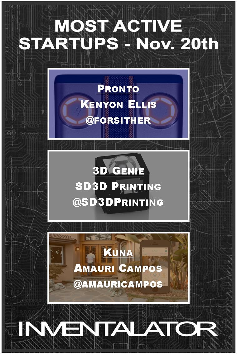 InvProducts's tweet image. November 20th Inventalator.com - Join the conversation with our Most Active Projects! #startups #innovation