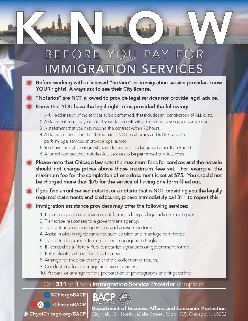 ChicagoBACP's tweet photo. Know Before You Pay for Immigration Services! #ChicagoBACP http://t.co/KZGNoAvGf3