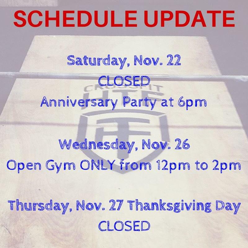 CrossFitHTF's tweet photo. 2 Year Anniversary Party is this coming Sat.! Here's a heads up about our schedule for the next week. #crossfithtf http://t.co/bHfKB482MO