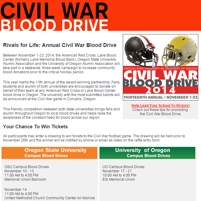 OregonState's tweet photo. Just a few more days left to give blood in the #CivilWarBloodDrive. Let's get the trophy back, #BeaverNation! http://t.co/MRreGHCAoz