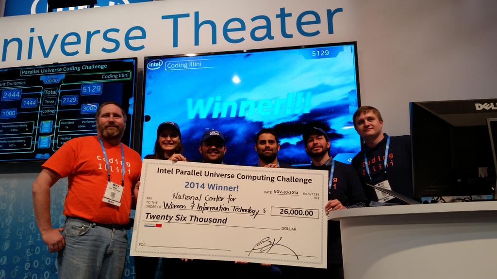 NCSAatIllinois's tweet photo. #CodingIllini wins @intel PUCC at #SC14. Grand prize $26K goes to National Center for Women & Information Technology http://t.co/AQAqYn8QqL
