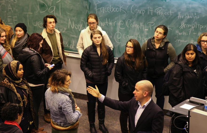 Camp14_Project's tweet photo. #behindthescenes Take a look at the INTD 3003 students getting ready for the march tomorrow! #camp14project PC:K.Gref http://t.co/vlZm68BcoO