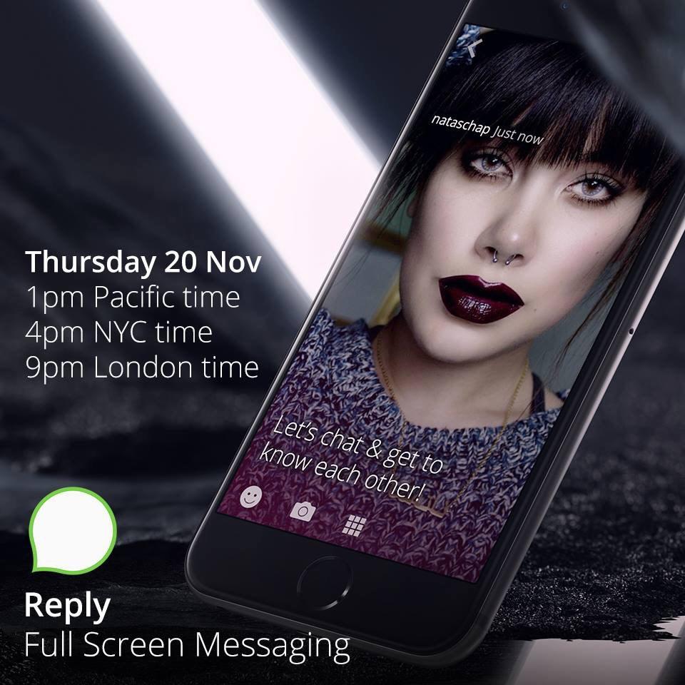 replychat's tweet photo. nataschap will be online in a few minutes. Find &amp; add her on Reply: nataschap

Download: https://t.co/MCs25JRF1r http://t.co/QpRaWZA6IK