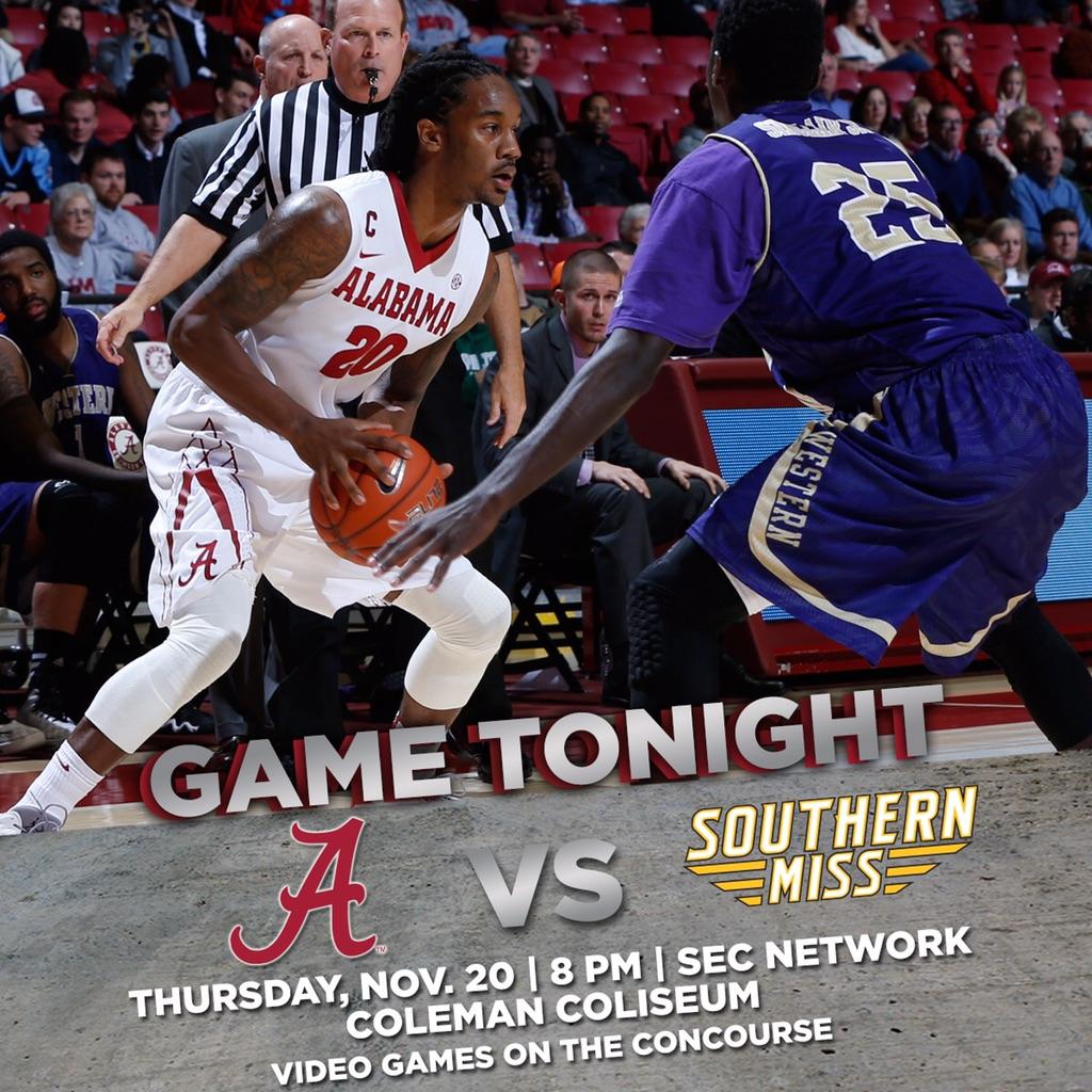 AlabamaMBB's tweet photo. IT'S GAMEDAY! #Alabama hosts Southern Miss tonight at 8 pm! We hope to see a big crowd &amp; a bunch of students tonight! http://t.co/0iuwlLBQKO
