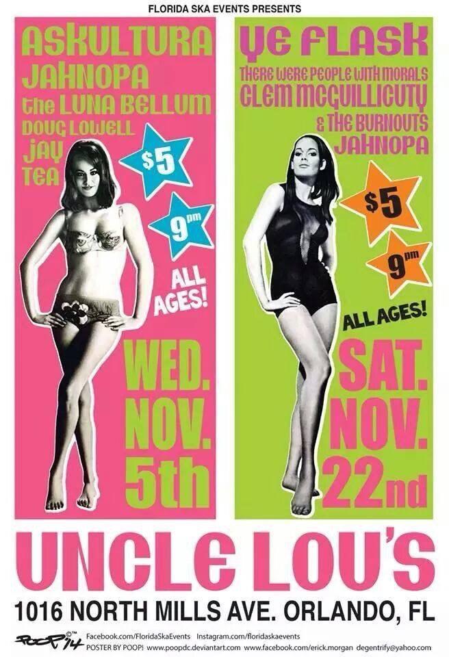 TampaSka's tweet photo. SAT/NOV 22/9PM/$5/ALL AGES @YeFlaskBand @OfficialTWPWM +more at #UncleLous #floridaska #GAska https://t.co/z6CnDl5wG5 http://t.co/QfMCQgcYz4
