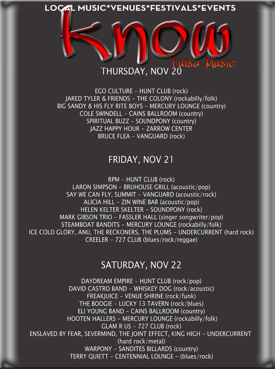 KnowTulsaMusic's tweet photo. MORE LIVE MUSIC in Tulsa this weekend!!! @HuntClubTulsa @WhiskeyDogBA @themerc_tulsa @TeamSoundpony @TheYetiTulsa http://t.co/1kfrlHXQMH