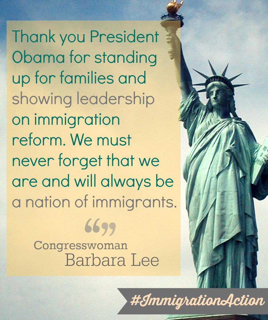 RepBarbaraLee's tweet photo. Pres Obama showed true leadership today by taking #ImmigrationAction. Let’s pass #CIR &amp; finish the job! http://t.co/koiXHhpqO5